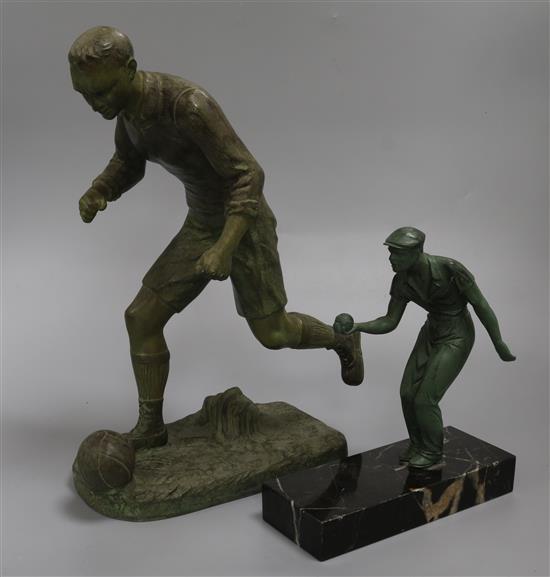A spelter model of a footballer and a bowls player